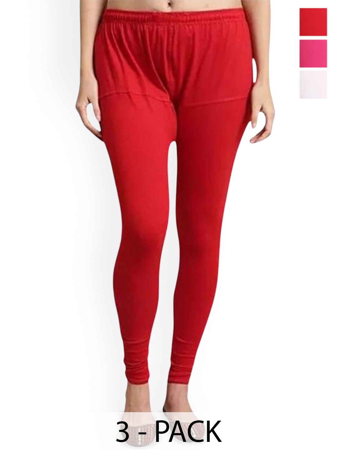 

URBAN KANYA Pack Of 3 Mid-Rise Churidar-Length Leggings, Red