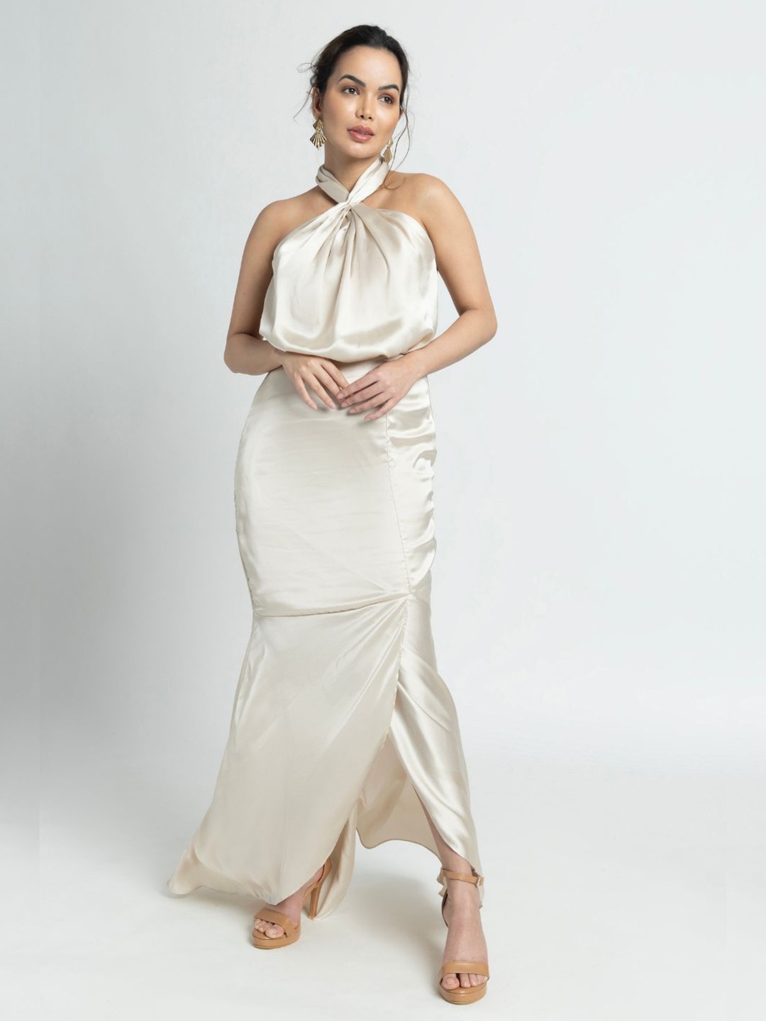 

JULO Halter Neck Satin Maxi Dress, Cream