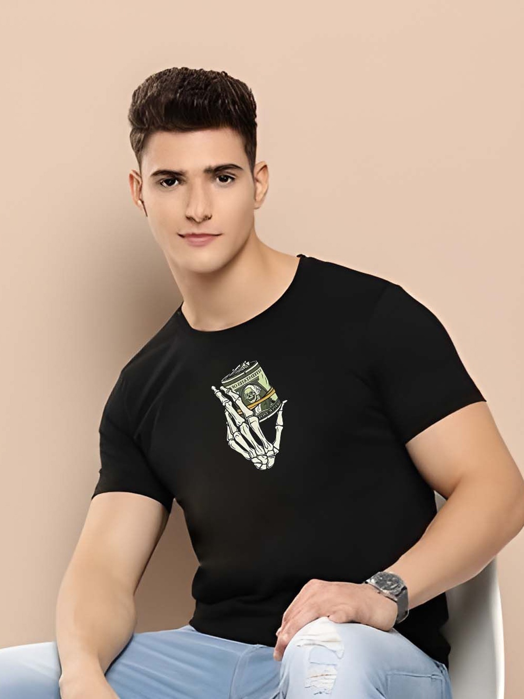 

THE BEETEL HOUSE Men Drop-Shoulder Sleeves T-shirt, Black