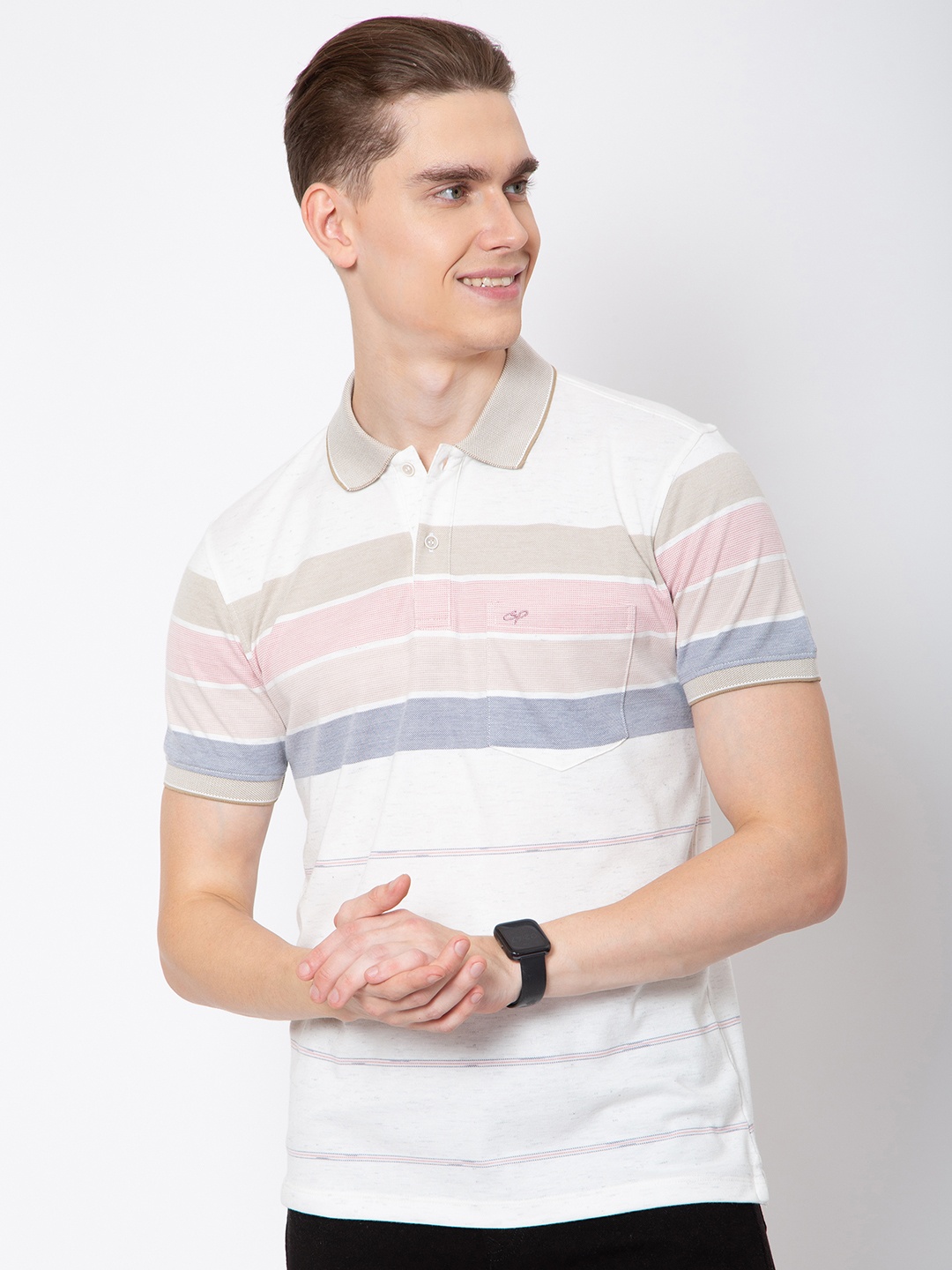 

Sparky Men Striped Polo Collar Pockets Slim Fit T-shirt, White