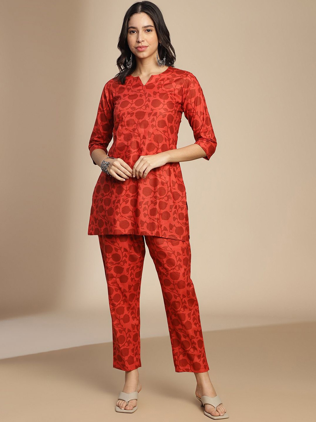 

The Roadster Lifestyle Co Printed Pure Cotton Tunic & Trouser Co-ord, Red