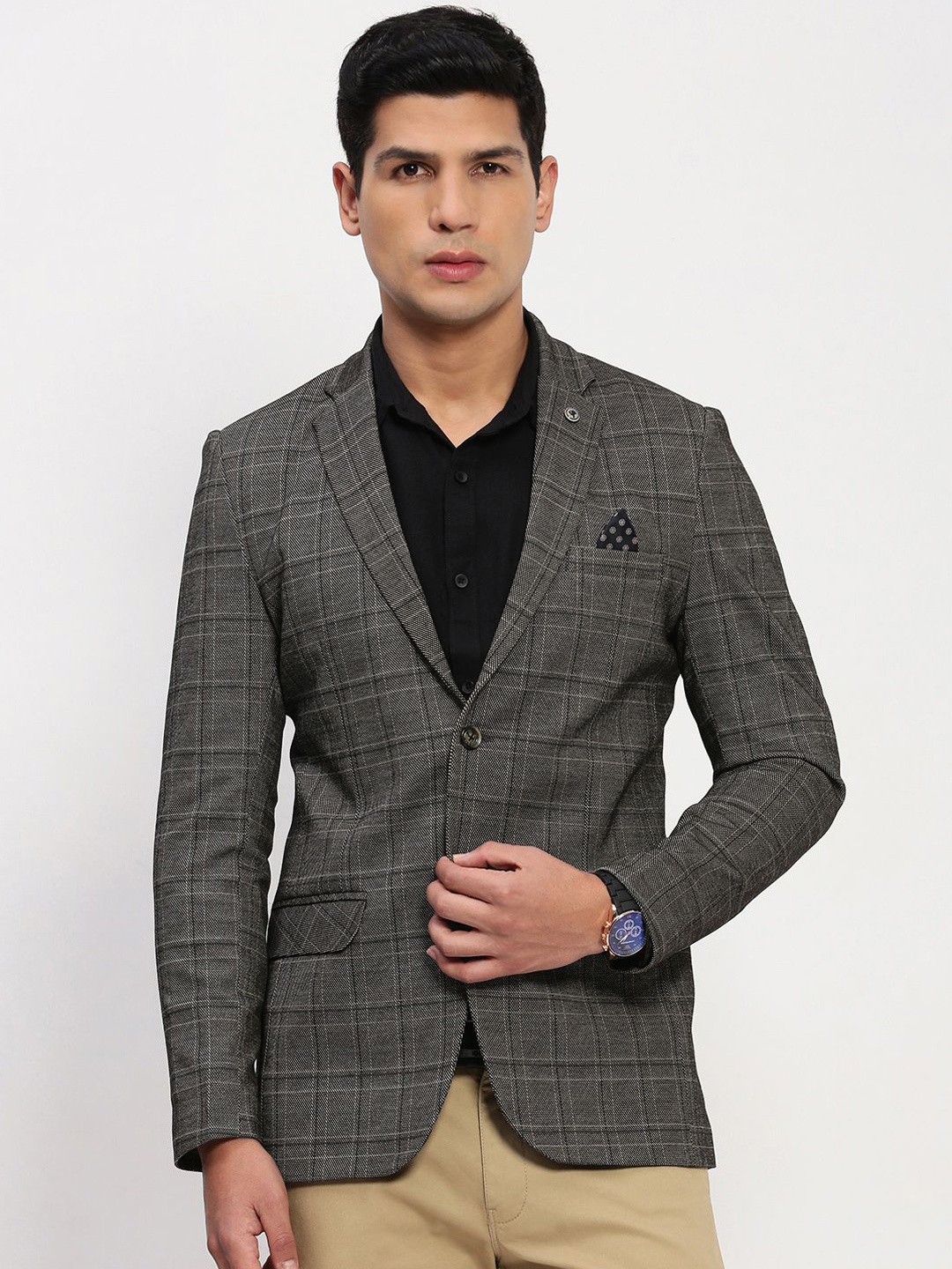 

SHOWOFF Checked Cotton Notched Collar Slim Fit Singe Breasted Blazer, Grey