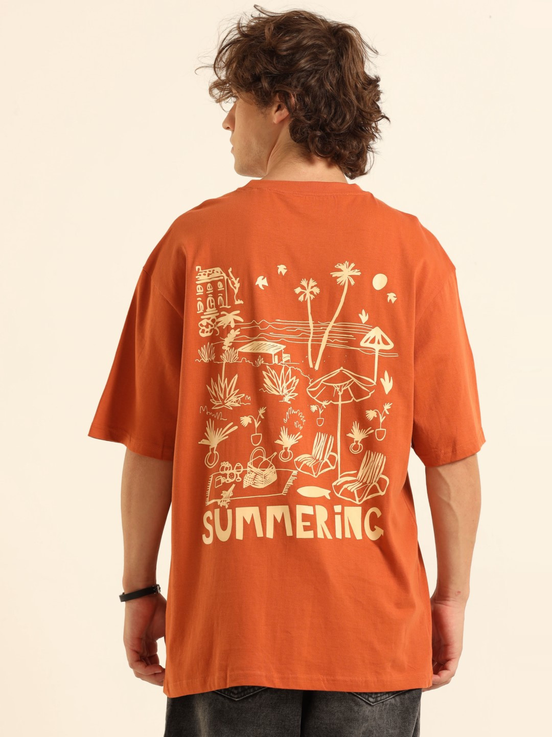 

Mast & Harbour Men Printed Drop-Shoulder Sleeves Bio Finish Raw Edge T-shirt, Rust