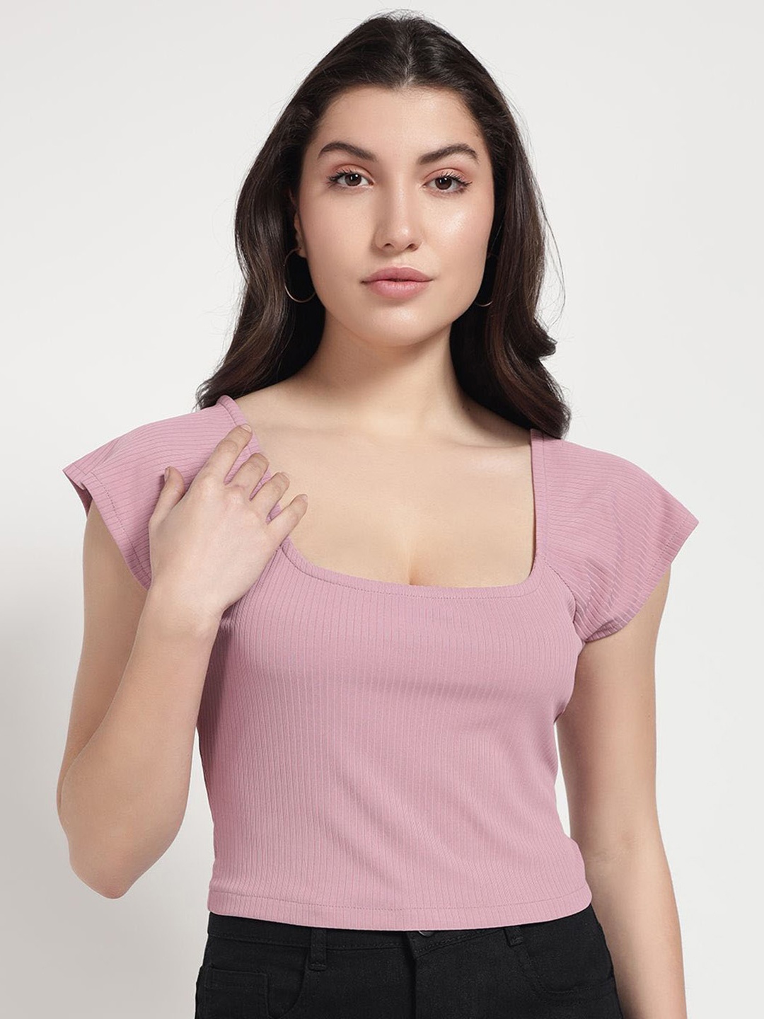

The Roadster Lifestyle Co Pure Cotton Square Neck Crop Top, Pink