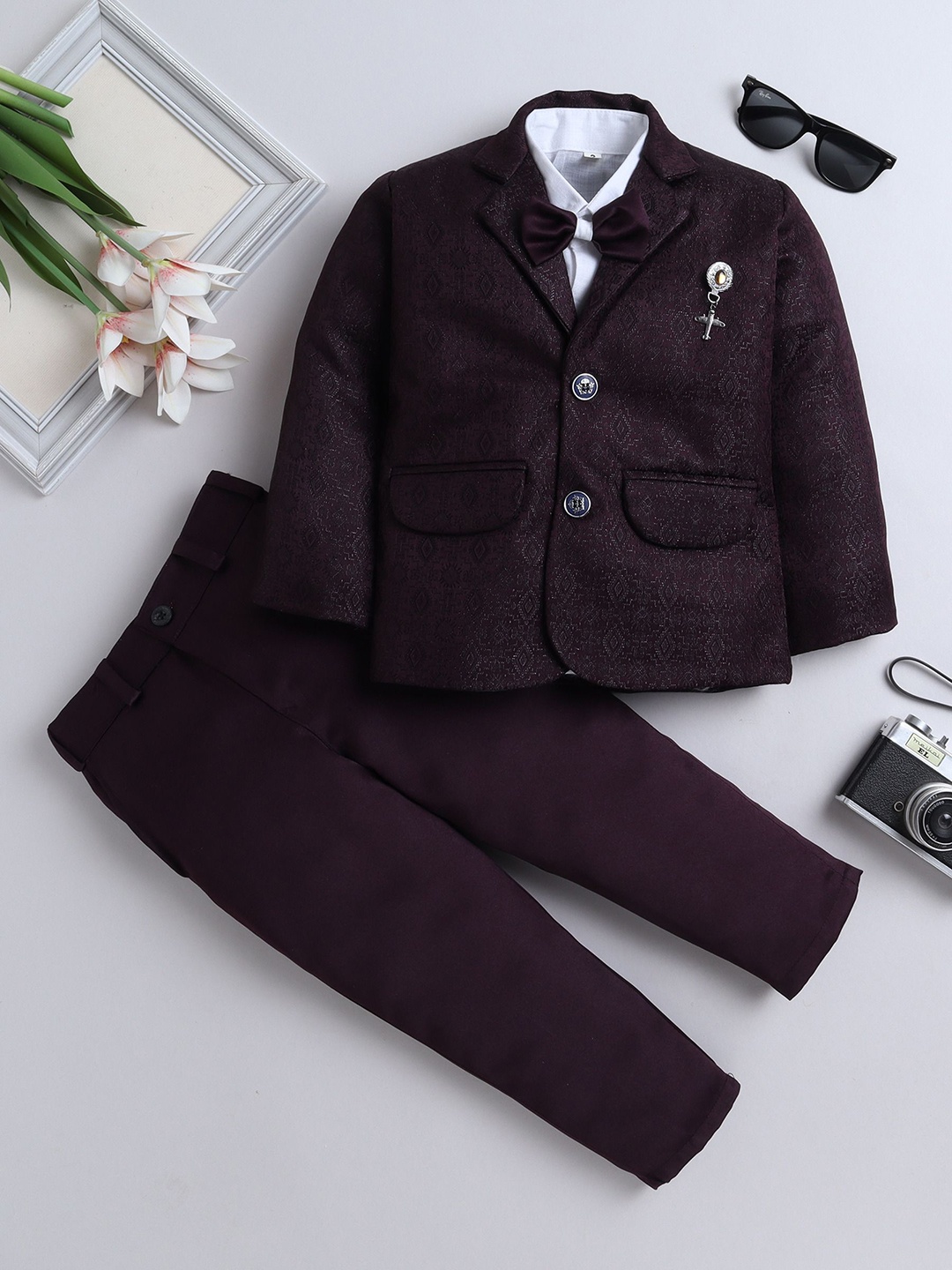 

BAESD Boys Self-Designed Single-Breasted Three Piece Suit, Burgundy