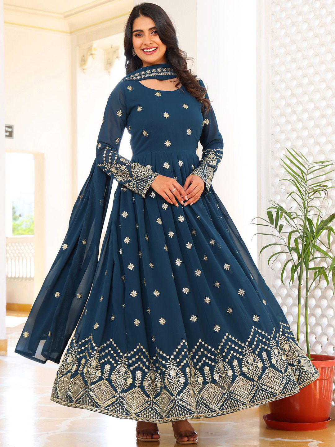 

KALINI Embroidered Maxi Ethnic Dress With Dupatta, Turquoise blue
