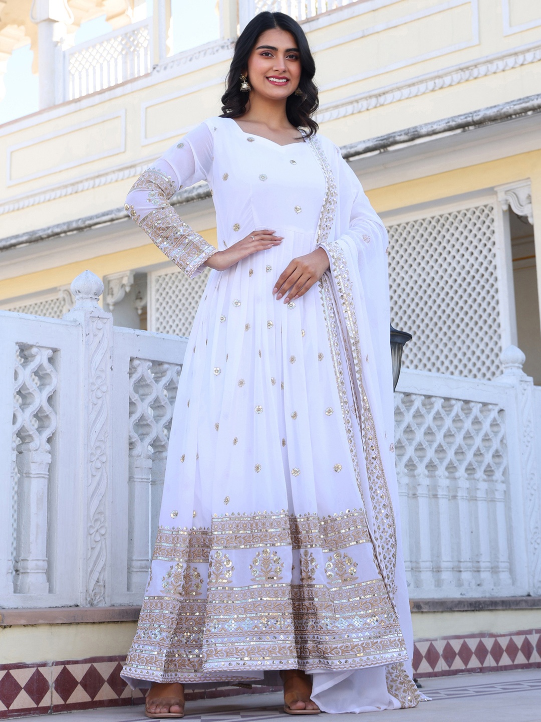 

KALINI Women Embroidered Regular Sequinned Kurta with Pyjamas & With Dupatta, White