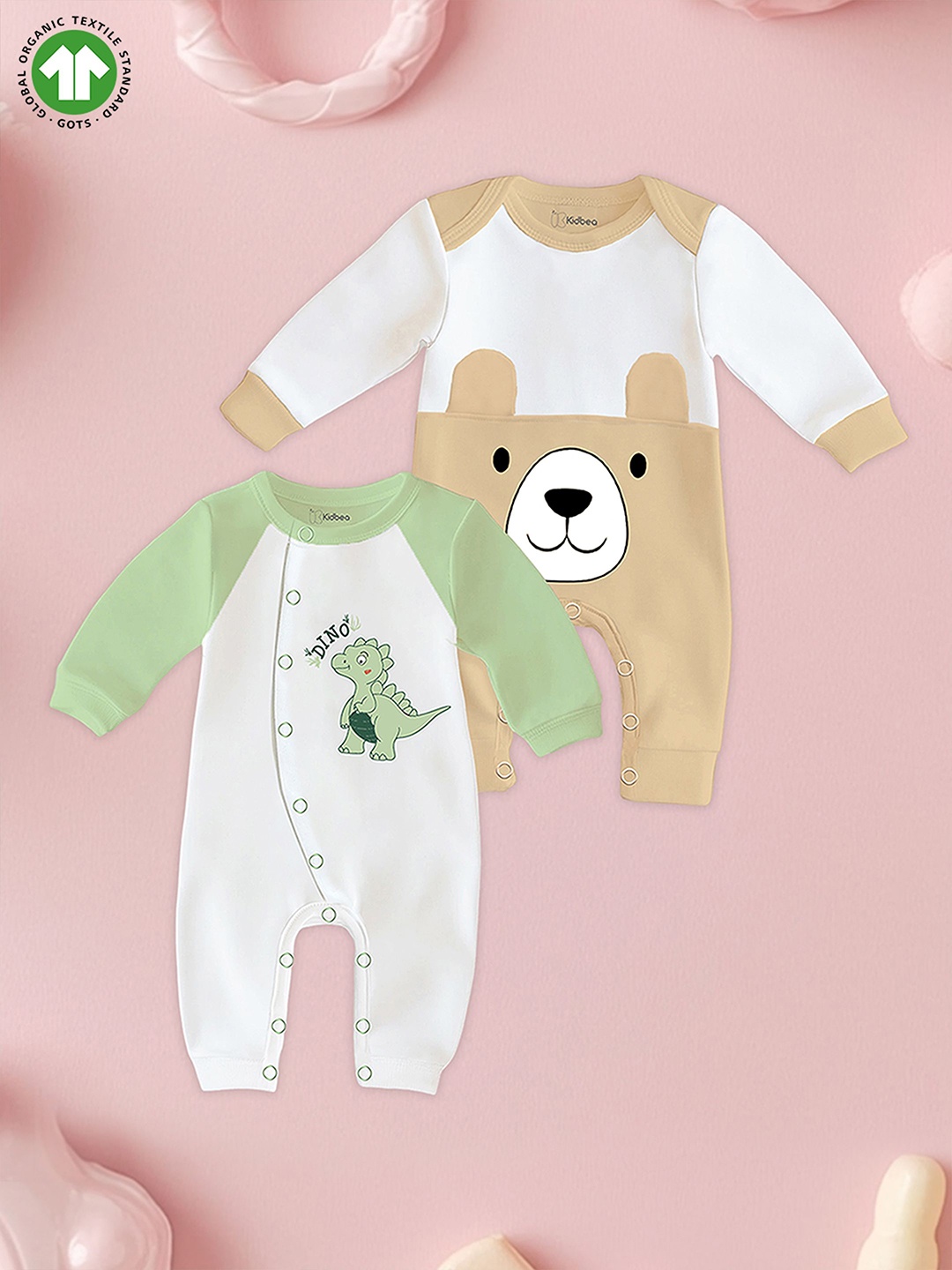 

Kidbea Infants Pack Of 2 Pure Organic Cotton Rompers, Beige