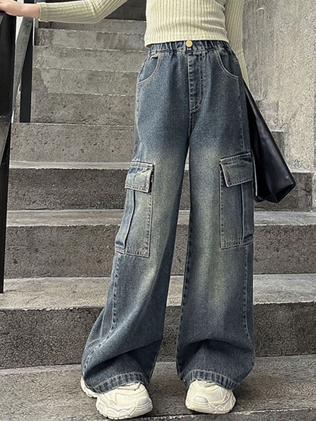 

LULU & SKY Girls Wide Leg High-Rise Low Distress Heavy Fade Jeans, Blue