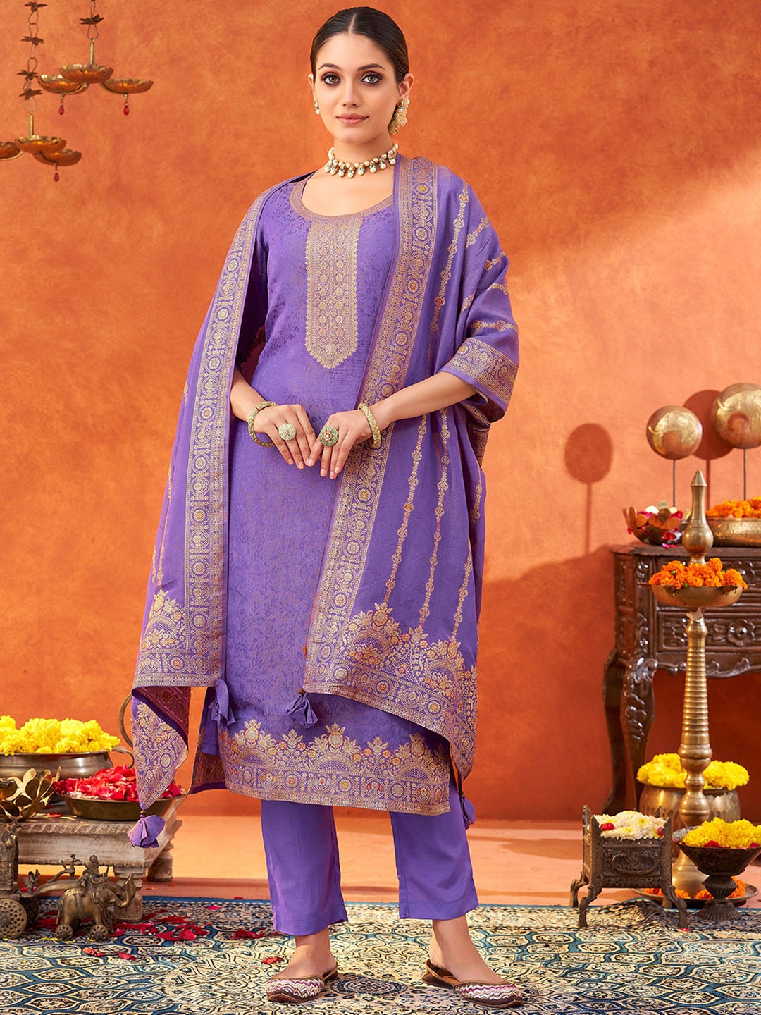 

Fourleaf Women Regular Kurta with Trousers & With Dupatta, Lavender