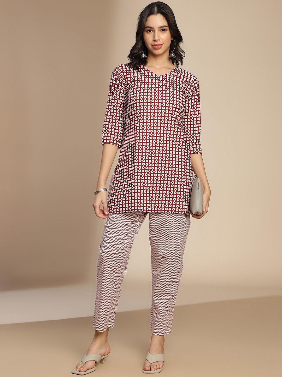 

The Roadster Lifestyle Co Printed Pure Cotton Tunic & Trouser Co-ord, Maroon