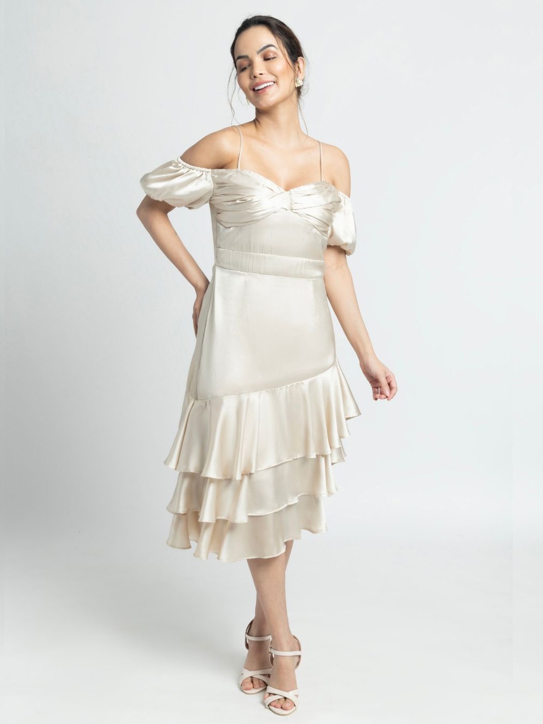 

JULO Off-Shoulder Satin Fit & Flare Midi Dress, Cream