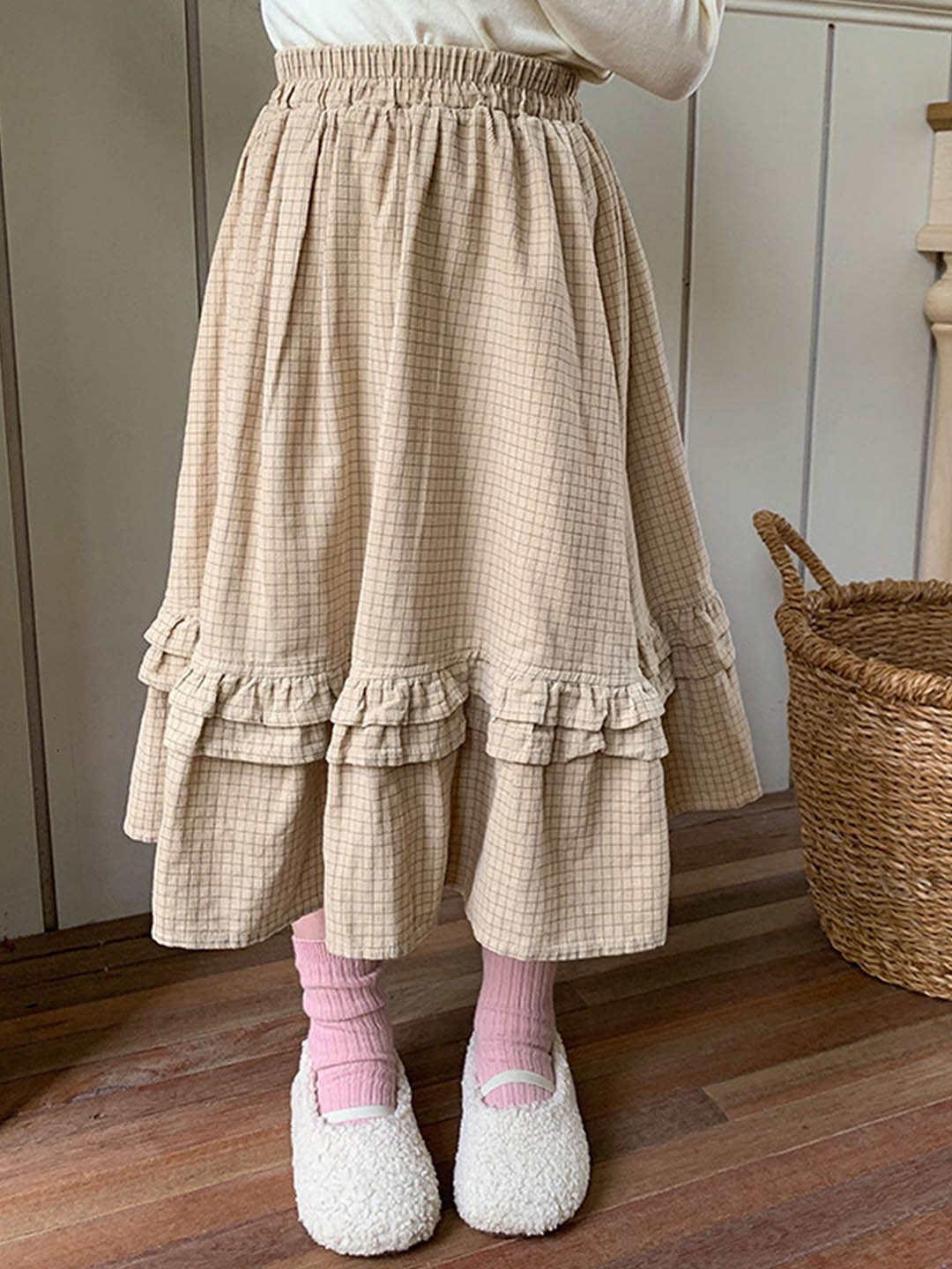 

LULU & SKY Girls Checked Pure Cotton A-Line Midi Skirts, Khaki