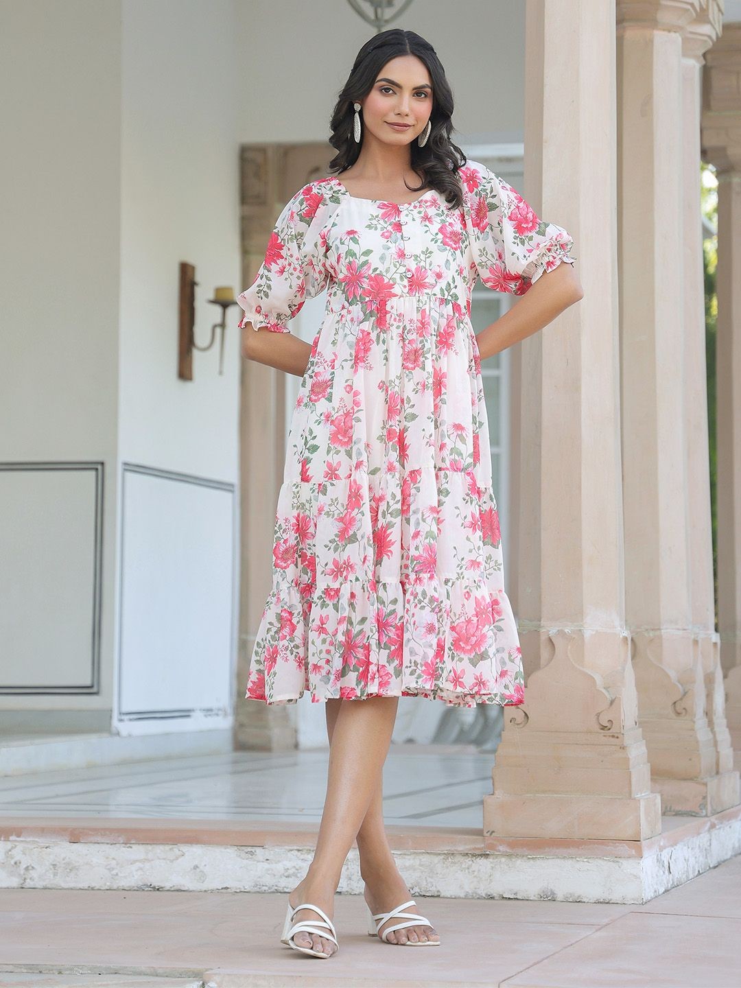 

Janasya Women's Cream Georgette Floral Printed Tiered Dress