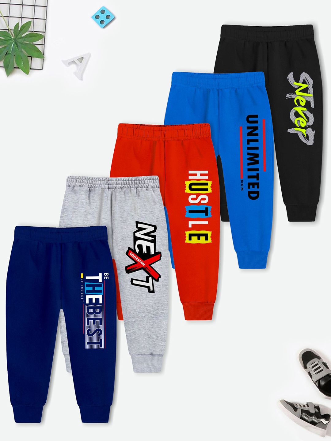 

YK X Trampoline Kids Pack Of 5 Graphic Printed Joggers, Black