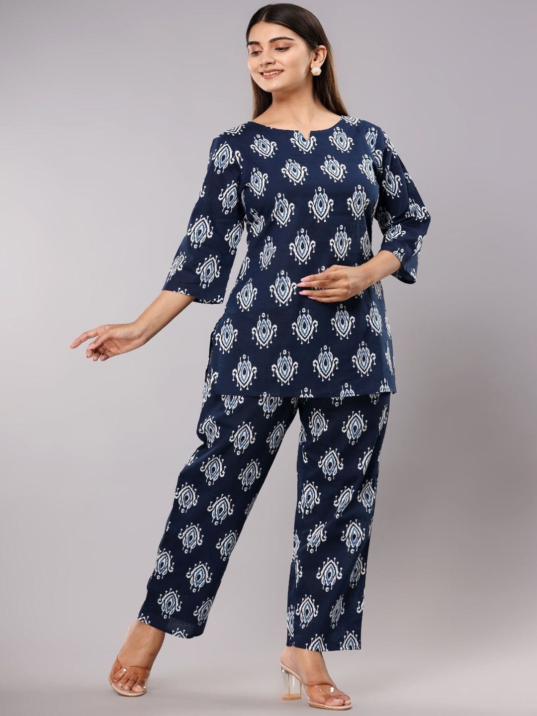 

NUNCHII Printed Pure Cotton Top & Trouser Co-Ords, Blue