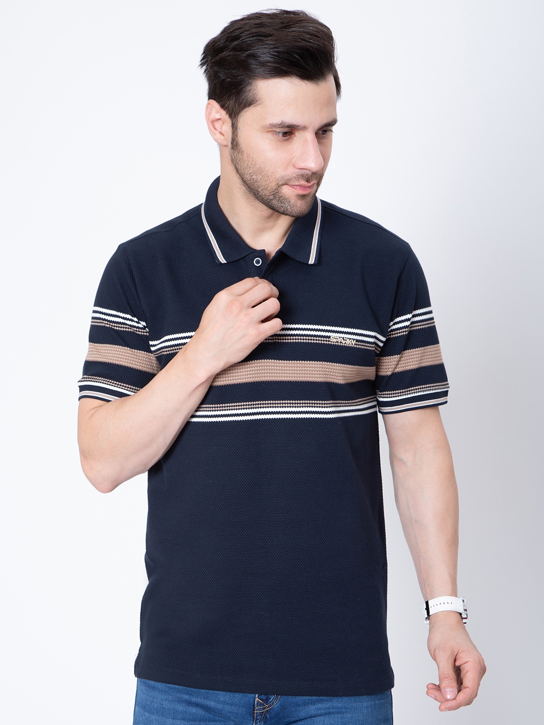 

Sparky Men Striped Polo Collar Pockets Slim Fit T-shirt, Navy blue