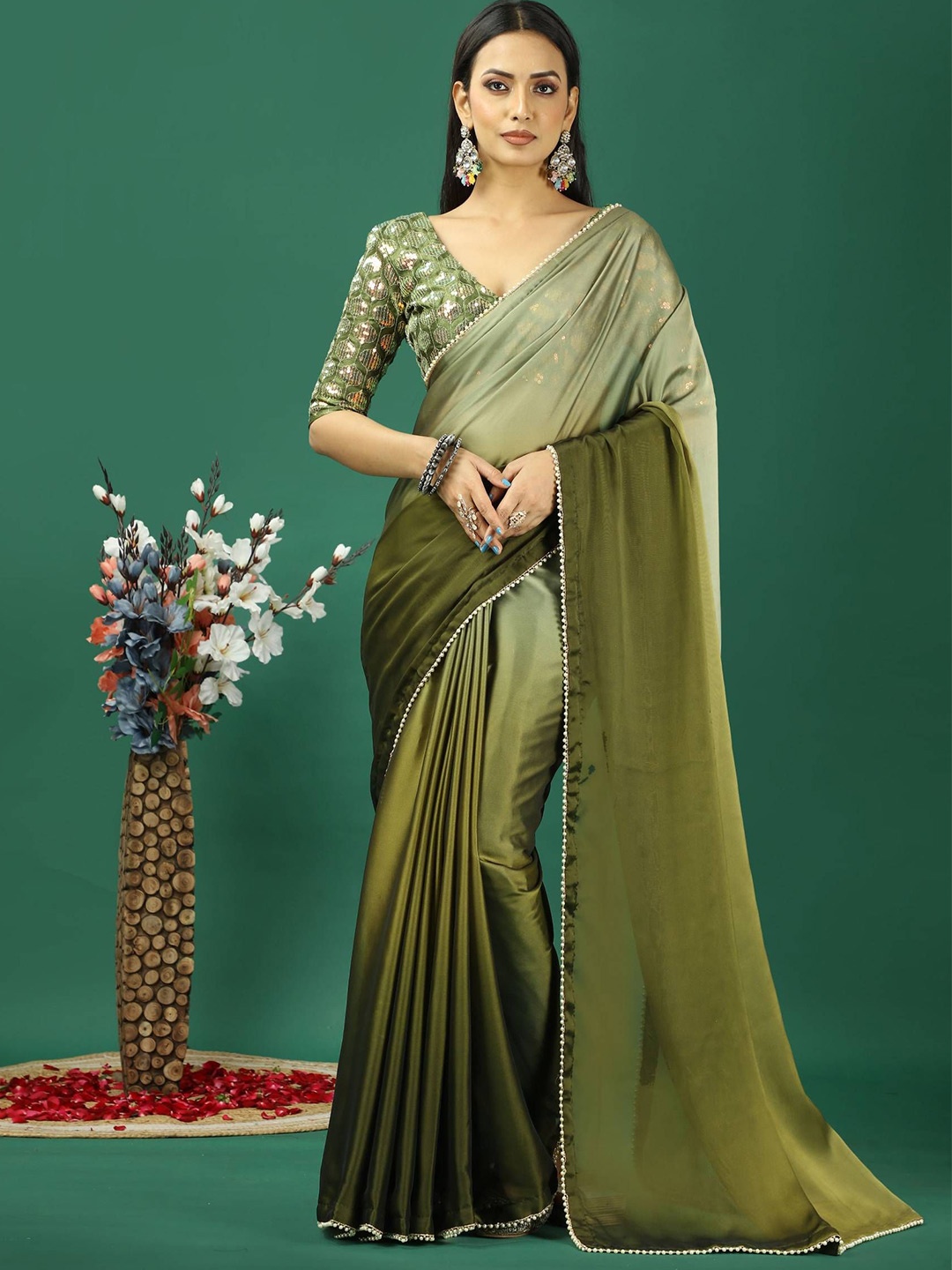 

HERE&NOW Ombre Beads and Stones Satin Banarasi Saree, Green