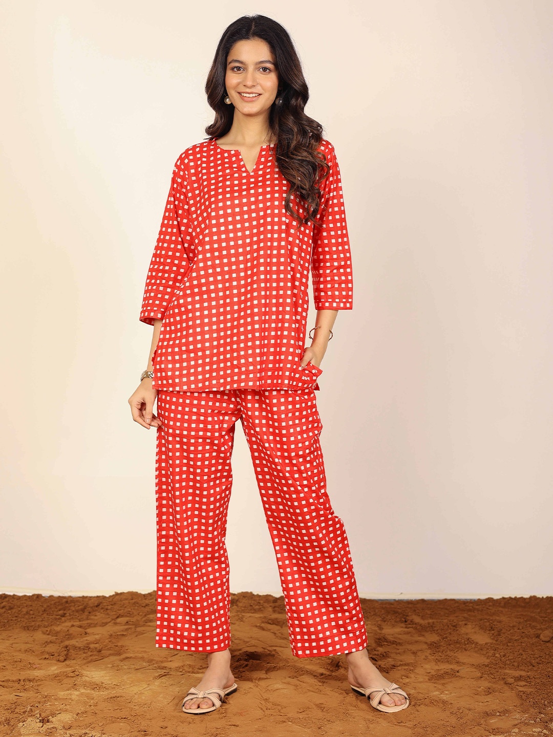 

KAORI BY SHREYA AGARWAL Checked Printed Cotton Top With Trousers Co-Ords, Red