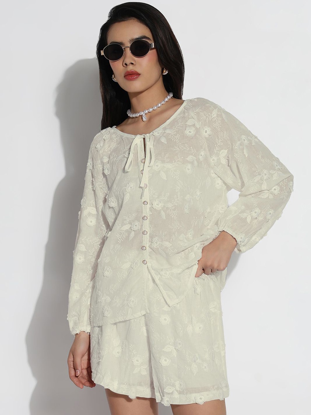 

SHOWOFF Embroidered Round Neck Top With Shorts Co-Ords, Cream