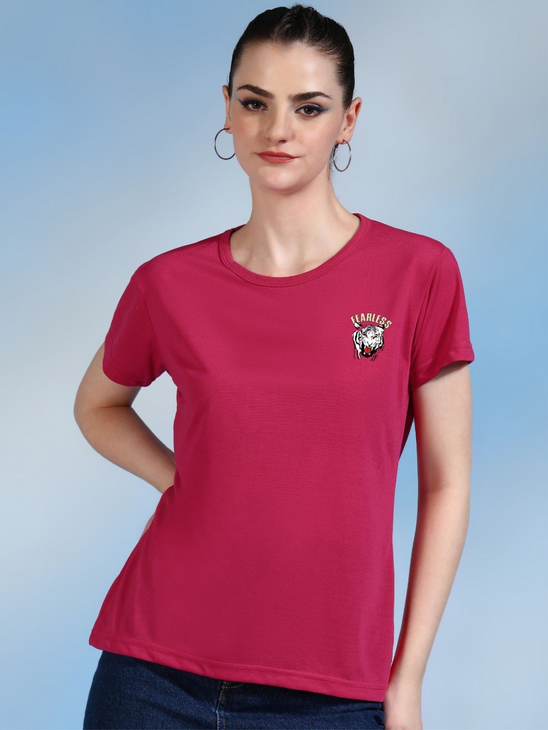 

Moda Rapido Women Printed Bio Finish Applique T-shirt, Pink
