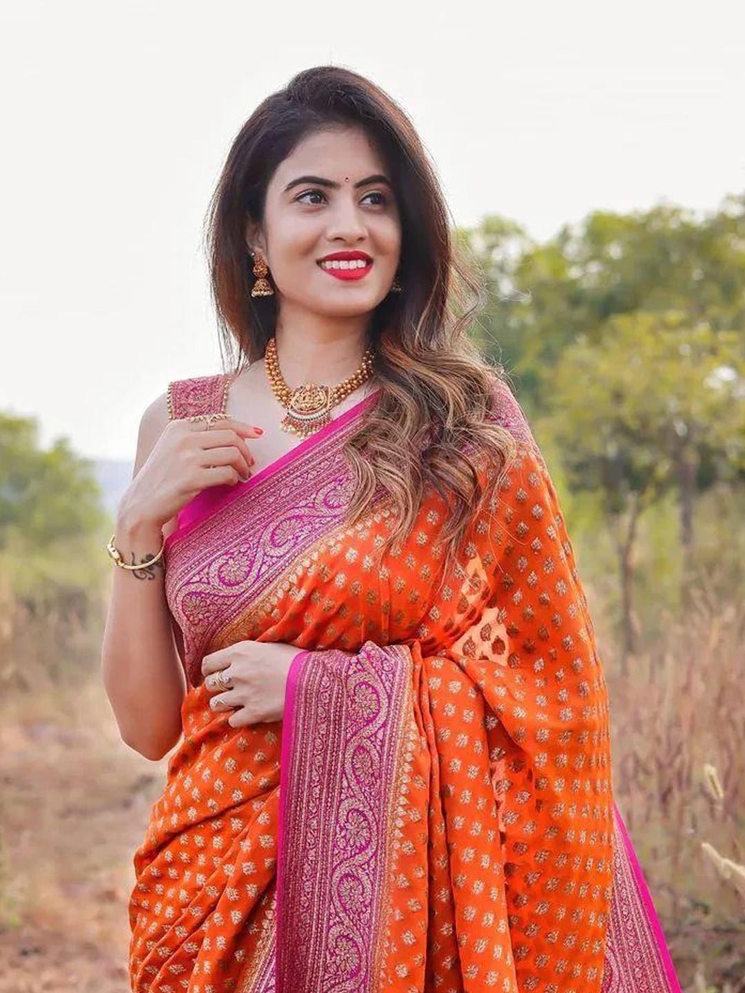 

SANJAR CREATION Woven Design Zari Pure Georgette Khadi Saree, Orange