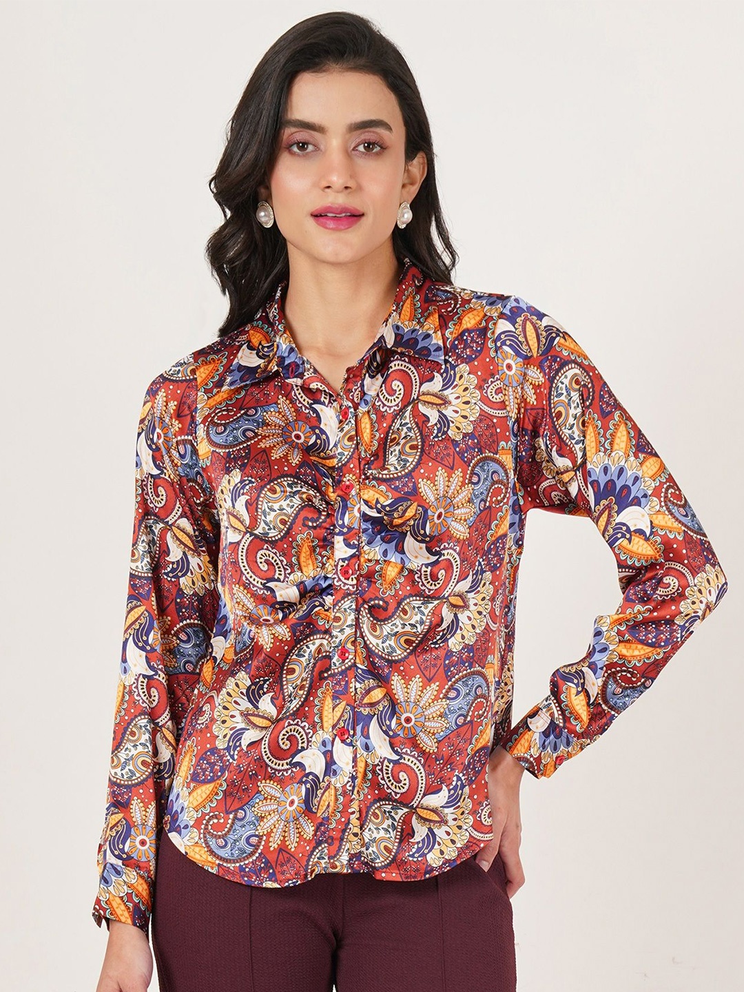 

U&F Women Original Slim Fit Opaque Printed Casual Shirt, Maroon