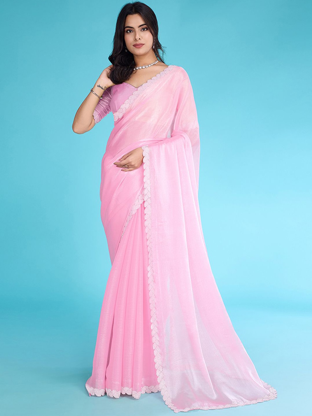 

Peachmode Beads and Stones Tissue Saree, Pink