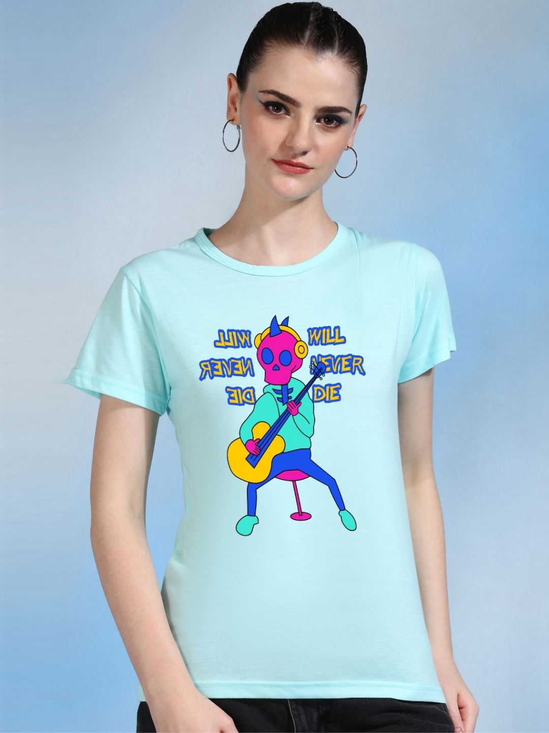 

Moda Rapido Women Printed Bio Finish Applique T-shirt, Turquoise blue