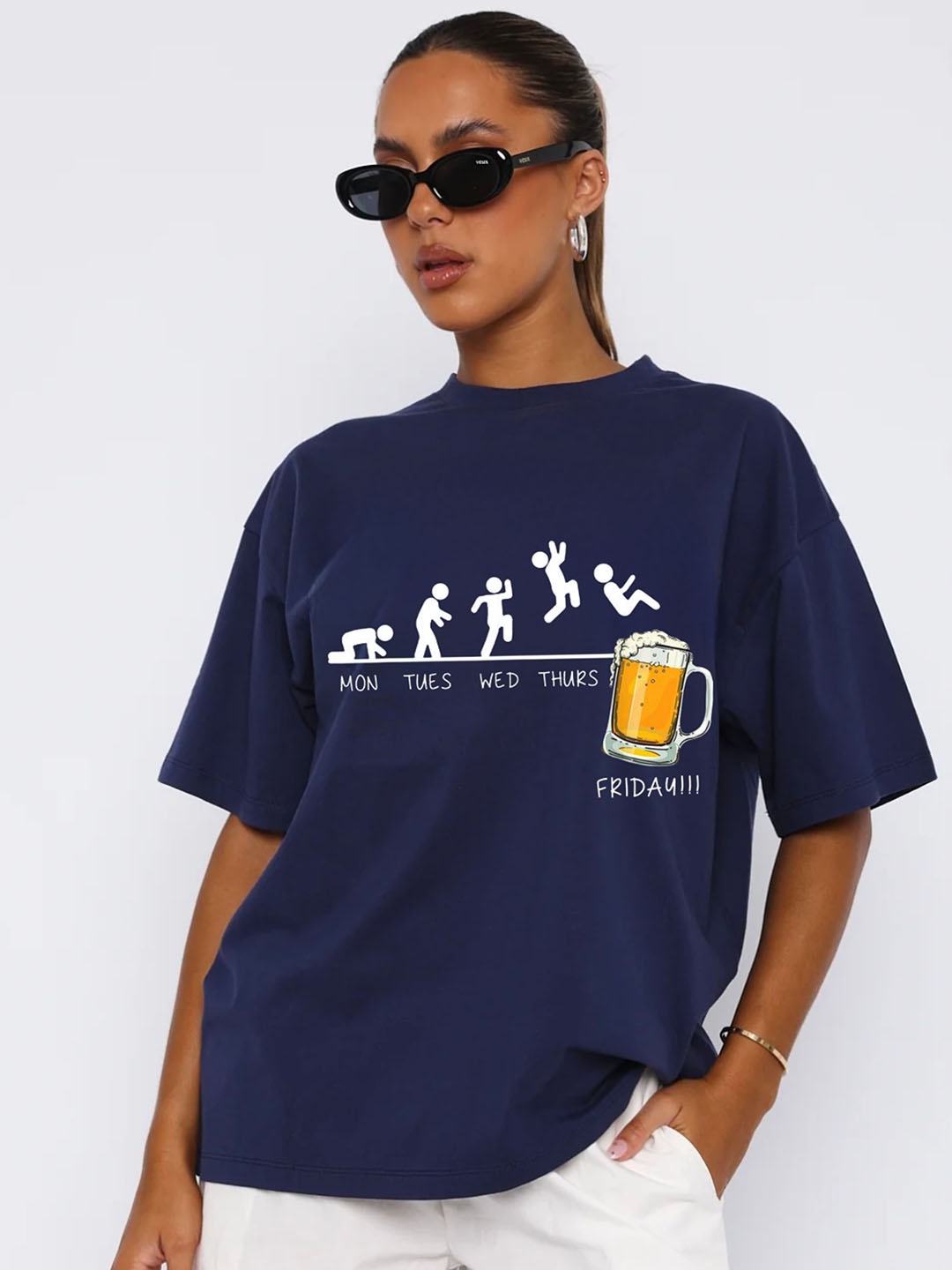 

RAYACLOSET Women Typography Printed Pockets T-shirt, Navy blue