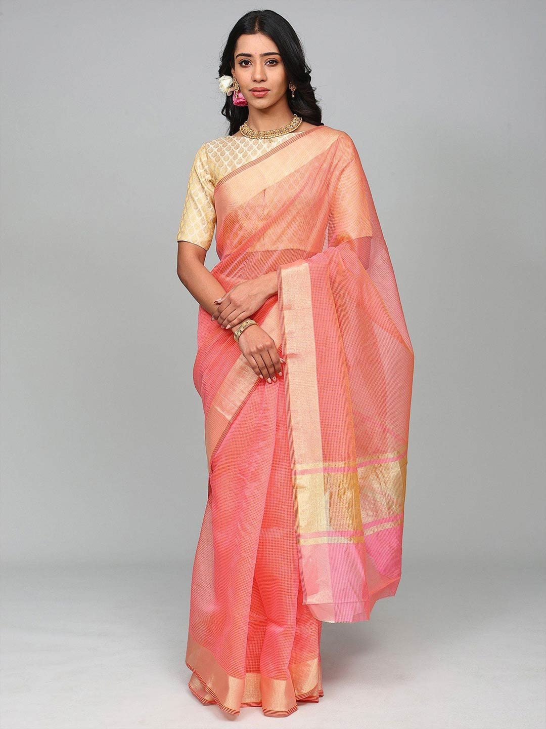 

Exotic India Striped Zari Art Silk Banarasi Saree, Pink