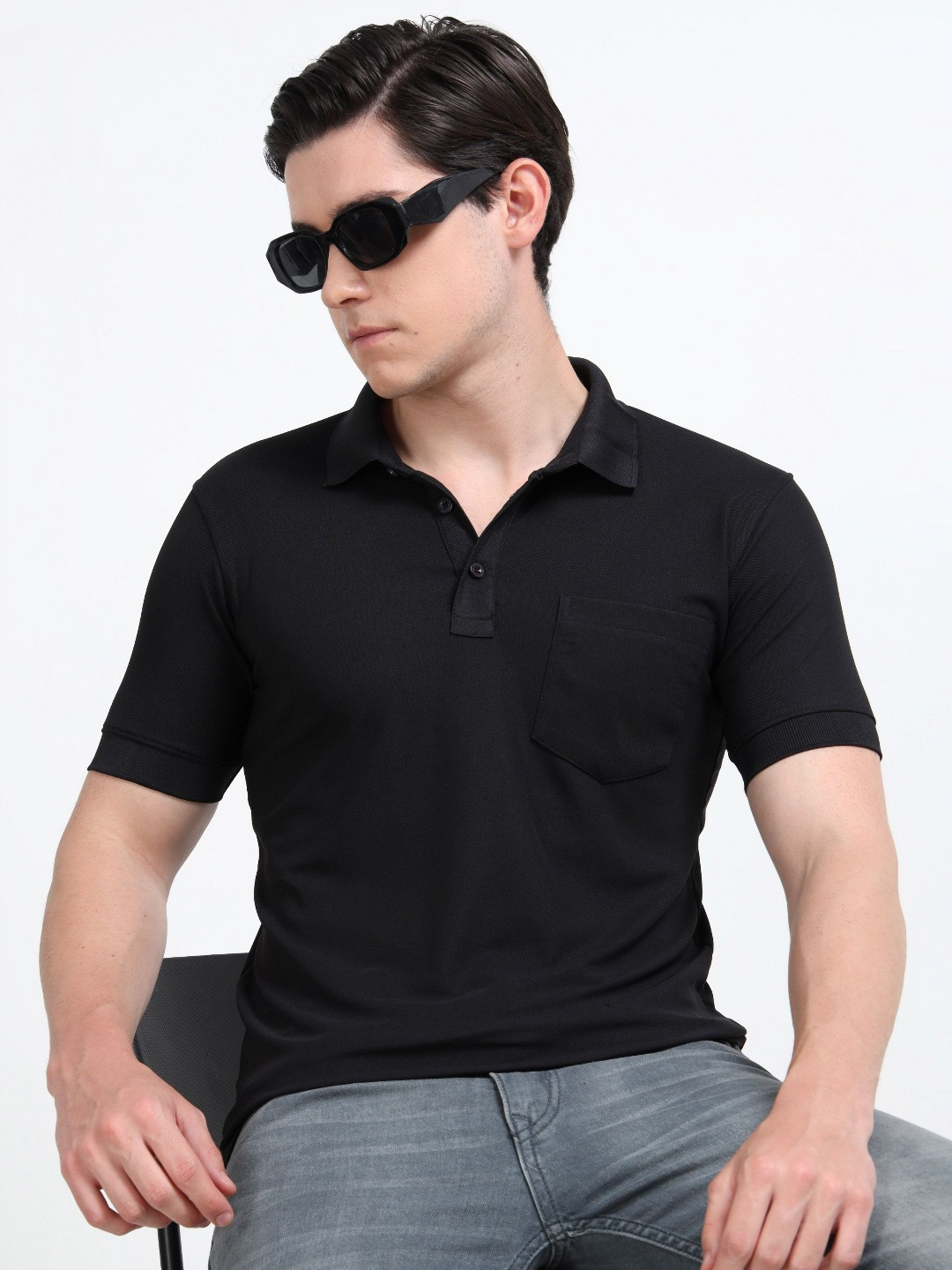 

QUCO Poly Pique Structured Pocket Polo T-Shirt, Black