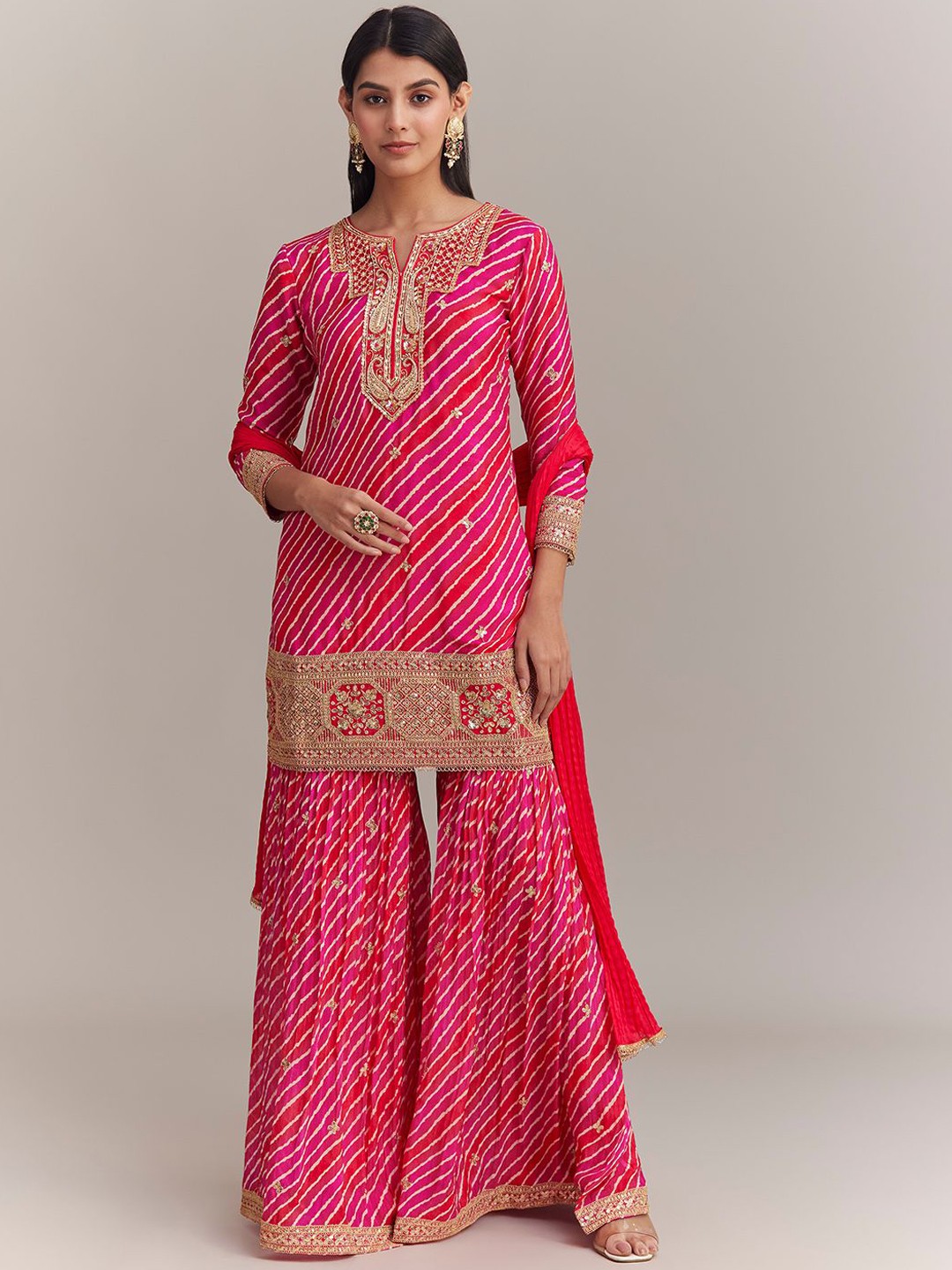 

KALKI Fashion Women Leheriya Embroidered Regular Kurta with Sharara & With Dupatta, Pink