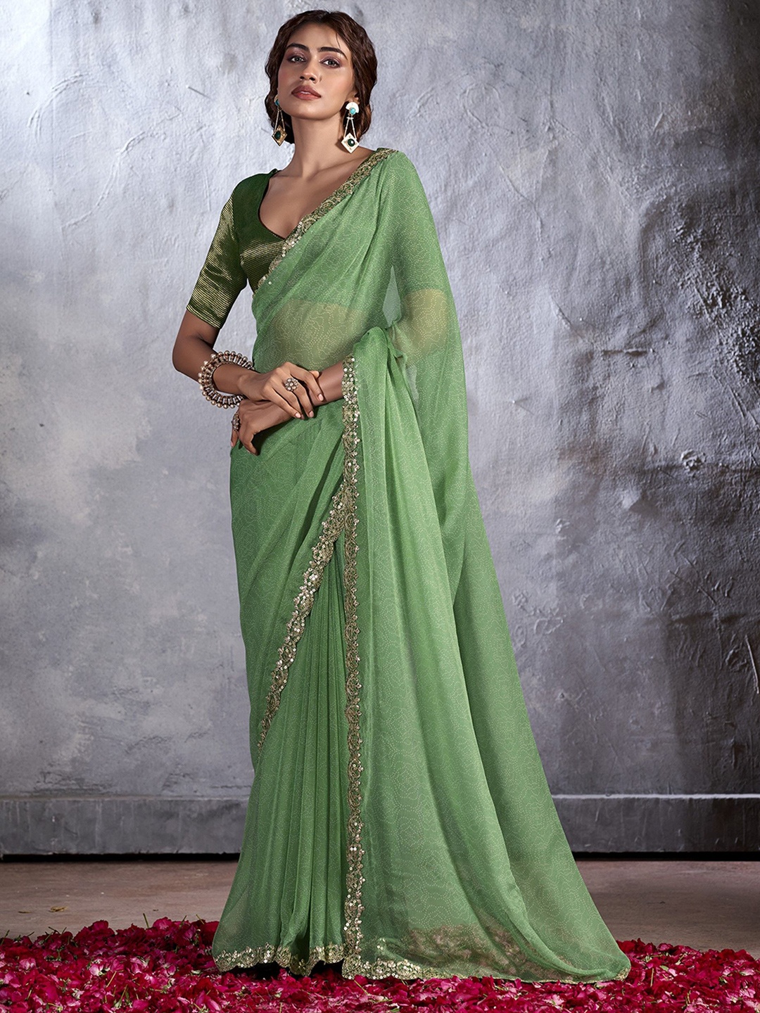 

LeeliPeeri Designer Sequinned Poly Chiffon Designer Saree, Green
