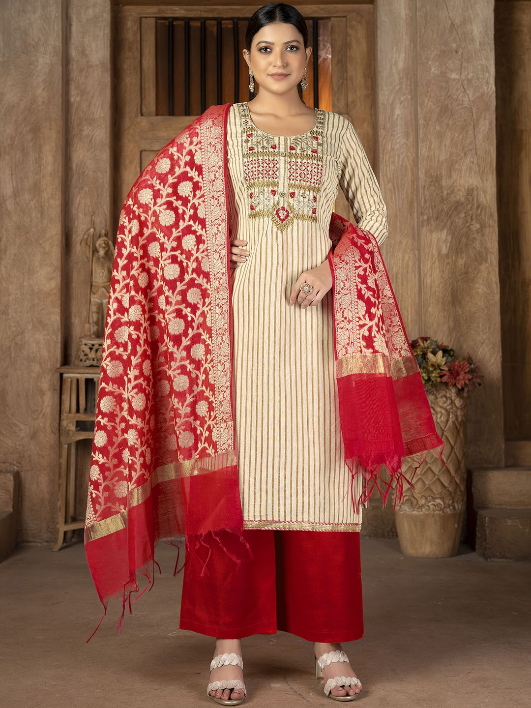 

SAINOOR Embroidered Pure Cotton Semi-Stitched Dress Material, Beige