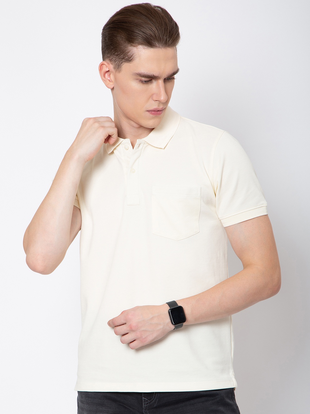 

Sparky Men Polo Collar Pockets Slim Fit T-shirt, Cream