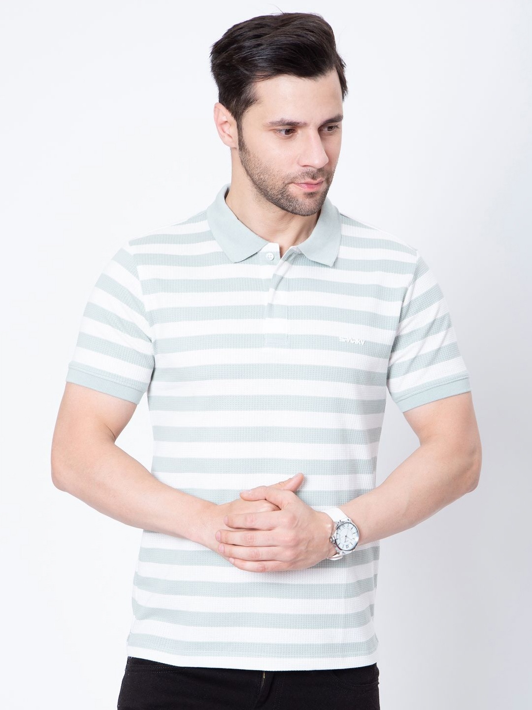 

Sparky Men Striped Polo Collar Pockets Slim Fit T-shirt, White