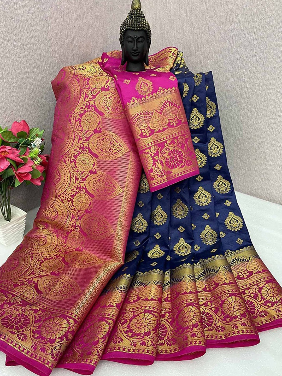 

Peachmode Woven Design Zari Pure Silk Banarasi Saree, Navy blue