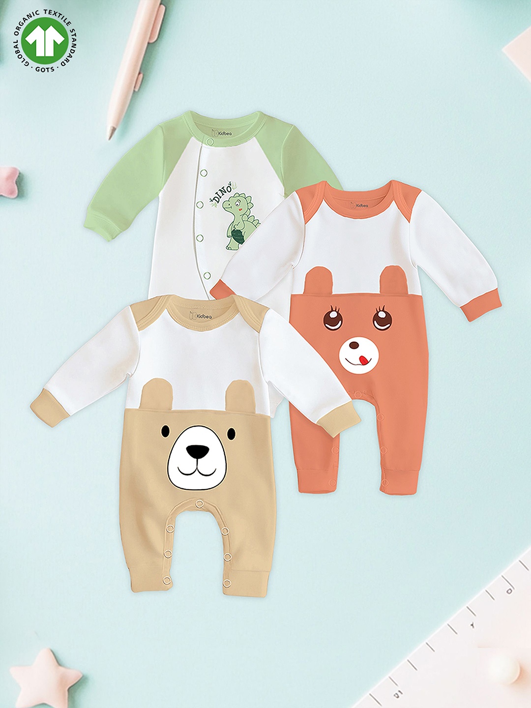 

Kidbea Infants Pack Of 3 Pure Organic Cotton Rompers, Green