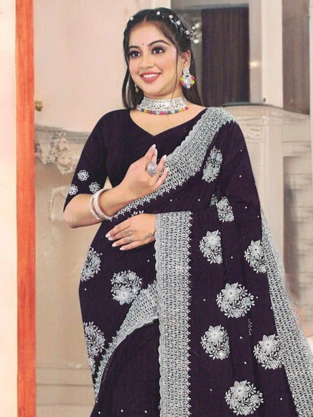 

SHOPPKEE Embellished Beads and Stones Poly Georgette Maheshwari Saree, Blue