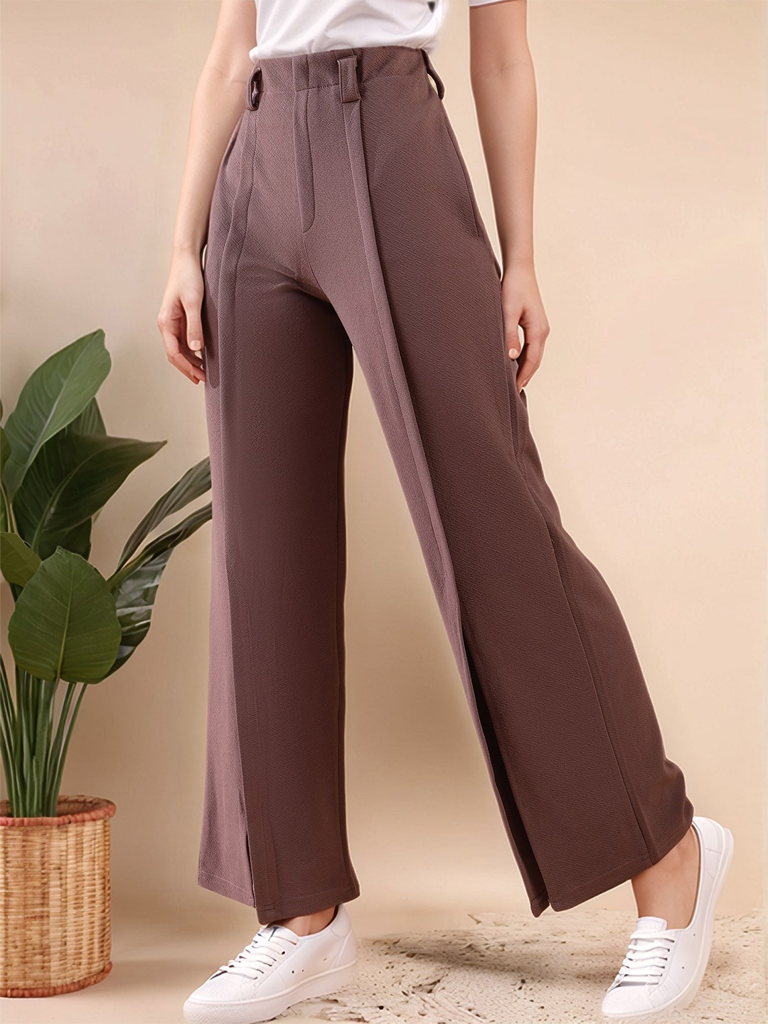 

Mast & Harbour Women Flared High-Rise Easy Wash Trousers, Brown