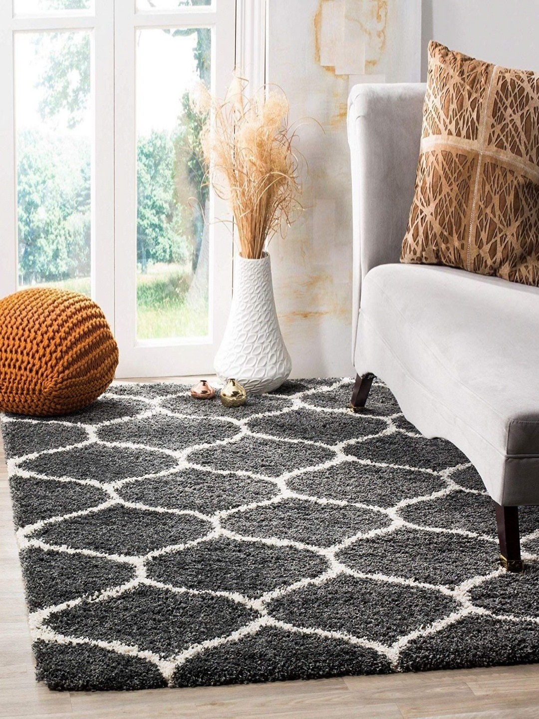 

Banchmark Home Furnishings Grey Geometric Anti-Skid Woollen Carpet
