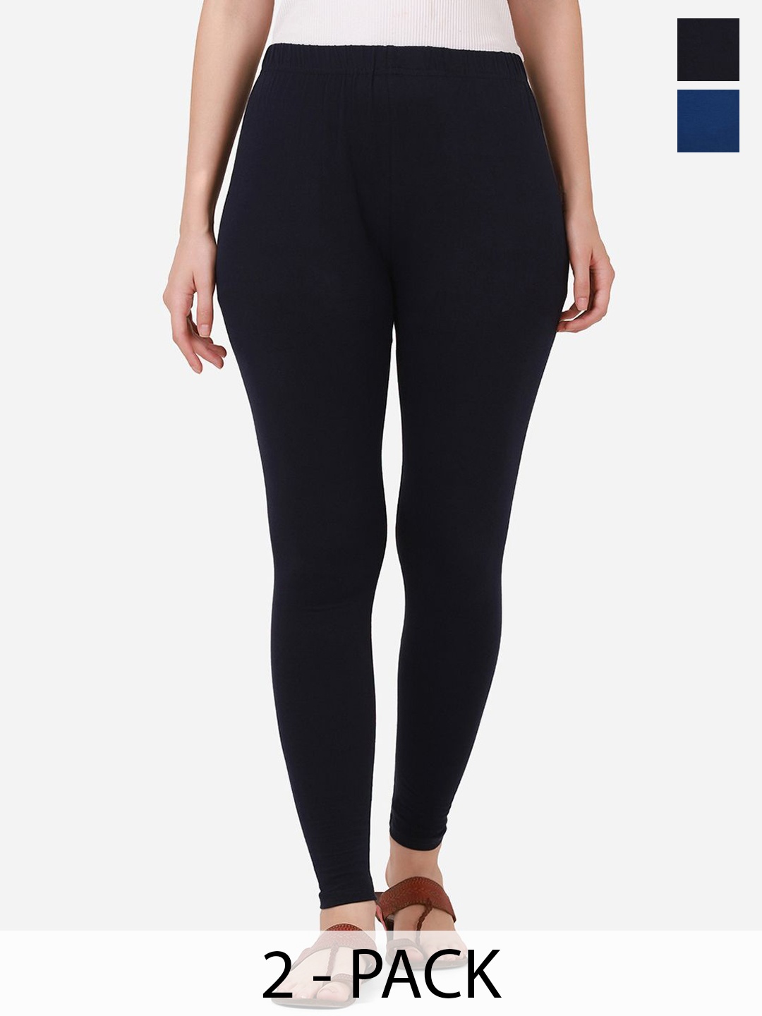 

DIMPY GARMENTS Pack Of 2 Pure Cotton Mid Rise Ankle Length Leggings, Navy blue