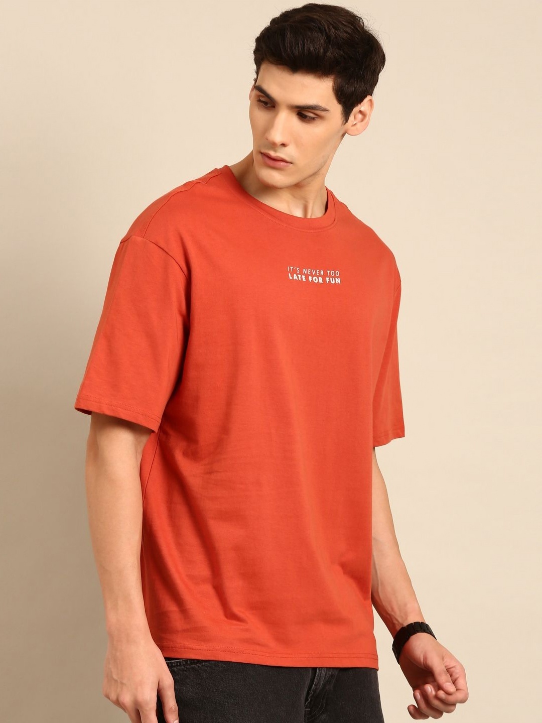 

Mast & Harbour Men Printed Drop-Shoulder Sleeves Bio Finish T-shirt, Rust