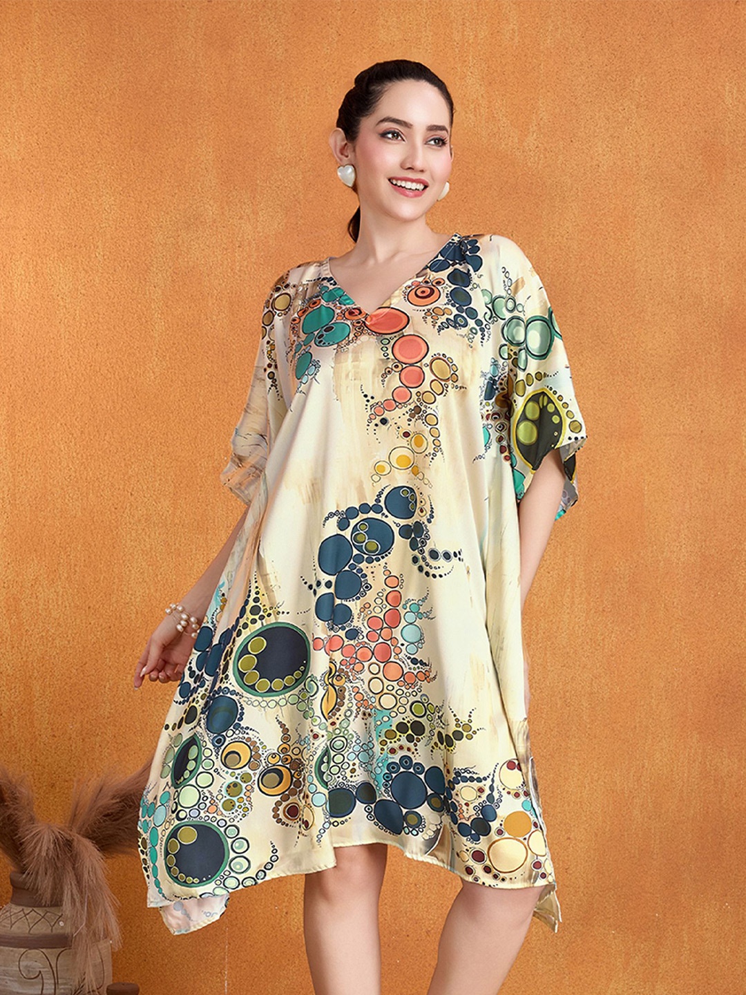 

LABEL AARNA Floral Print Kimono Sleeve Satin Kaftan Dress, Beige