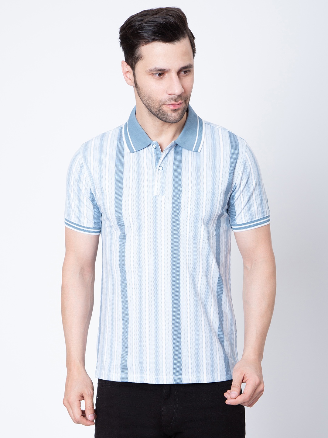 

Sparky Men Striped Polo Collar Pockets Slim Fit T-shirt, Blue