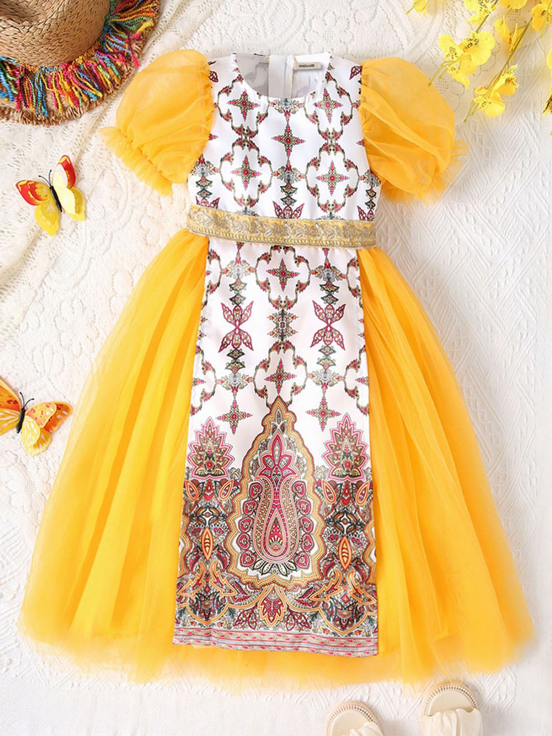 

INCLUD Print Puff Sleeve Fit & Flare Midi Dress, Yellow