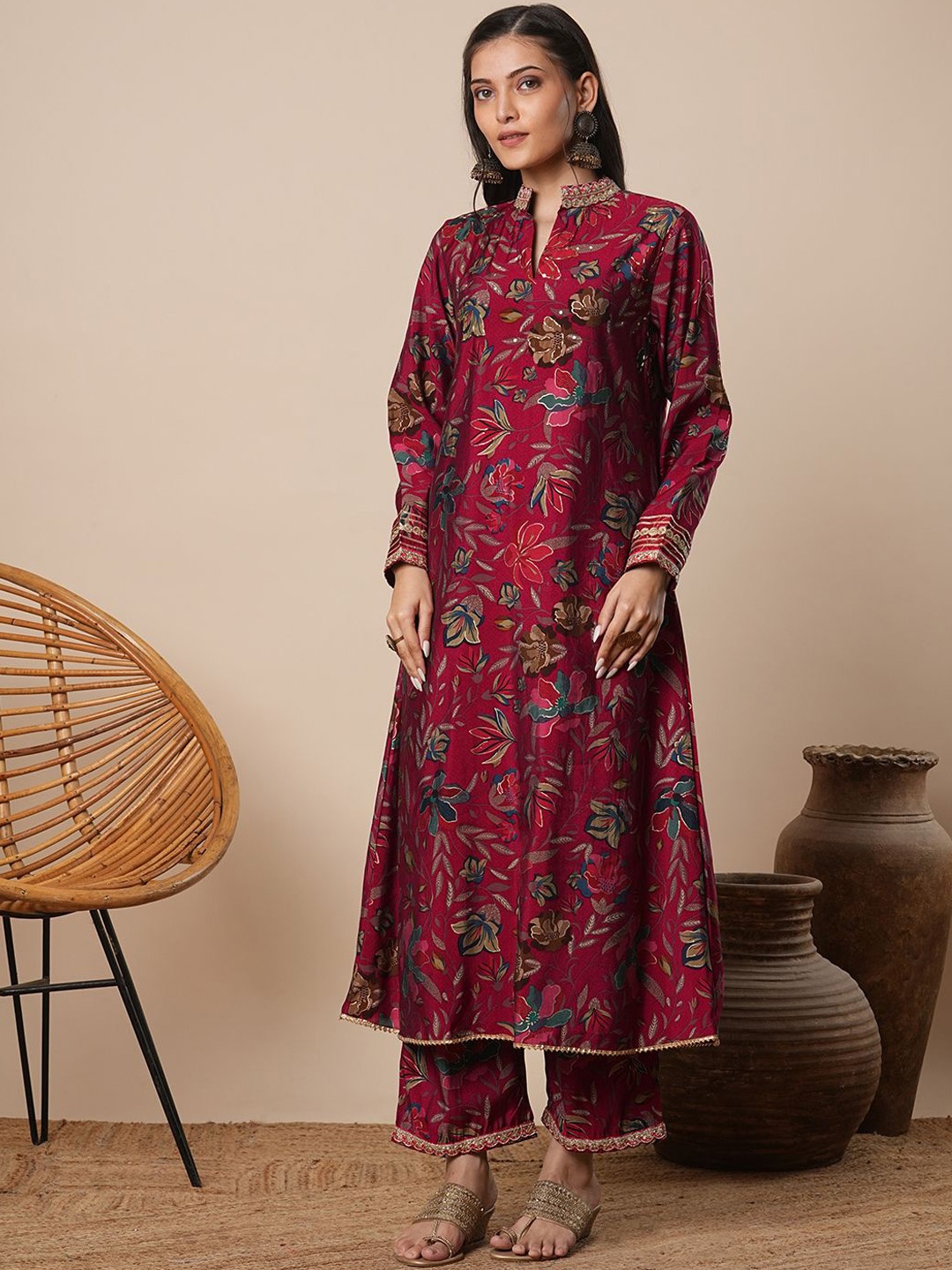 

FASHOR Floral Printed Embroidered Tunic With Trousers Co-Ords, Maroon