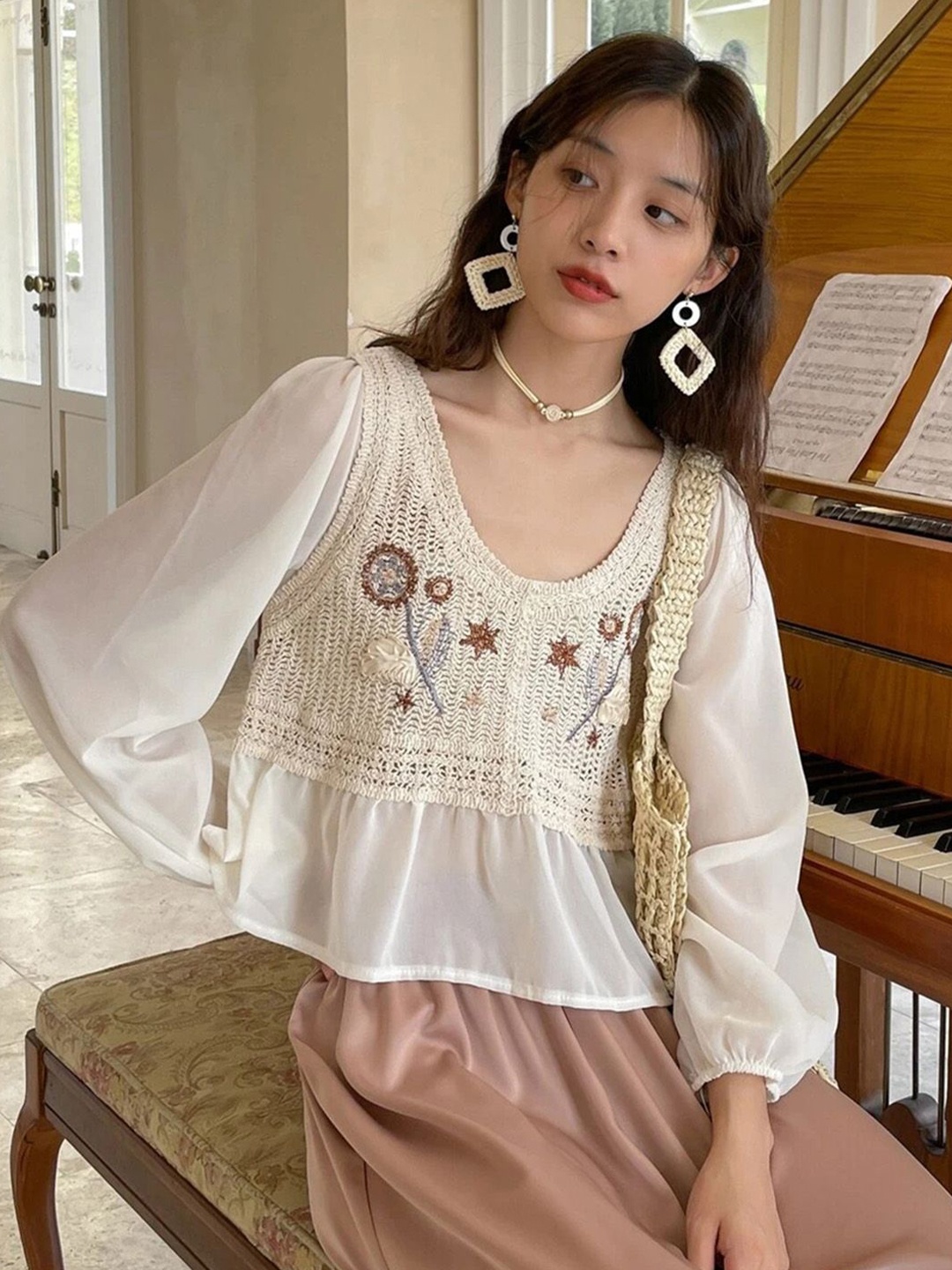 

JC Mode Floral Embellished Top, Beige