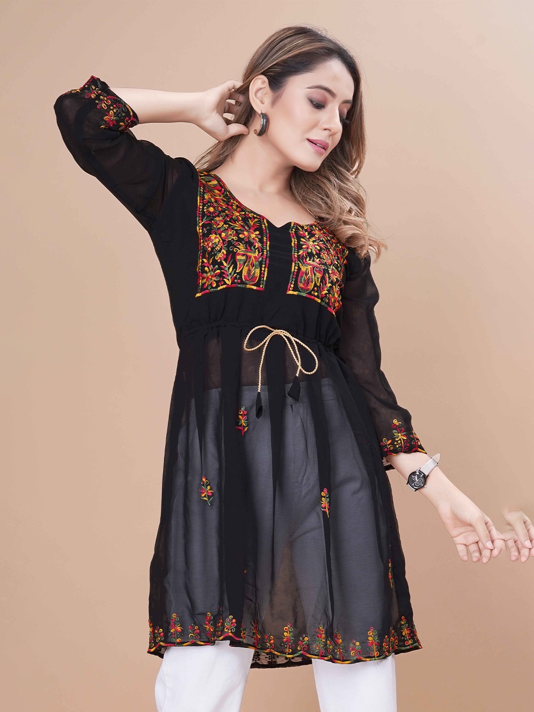 

Moda Rapido Geometric Embroidered Chikankari Pure Georgette Chikankari Kurti, Blue